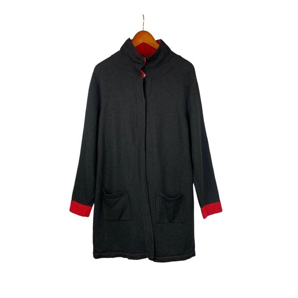 Chicos 100% Wool Black & Red Long Coat With Pockets Size 3 - Picture 1 of 4
